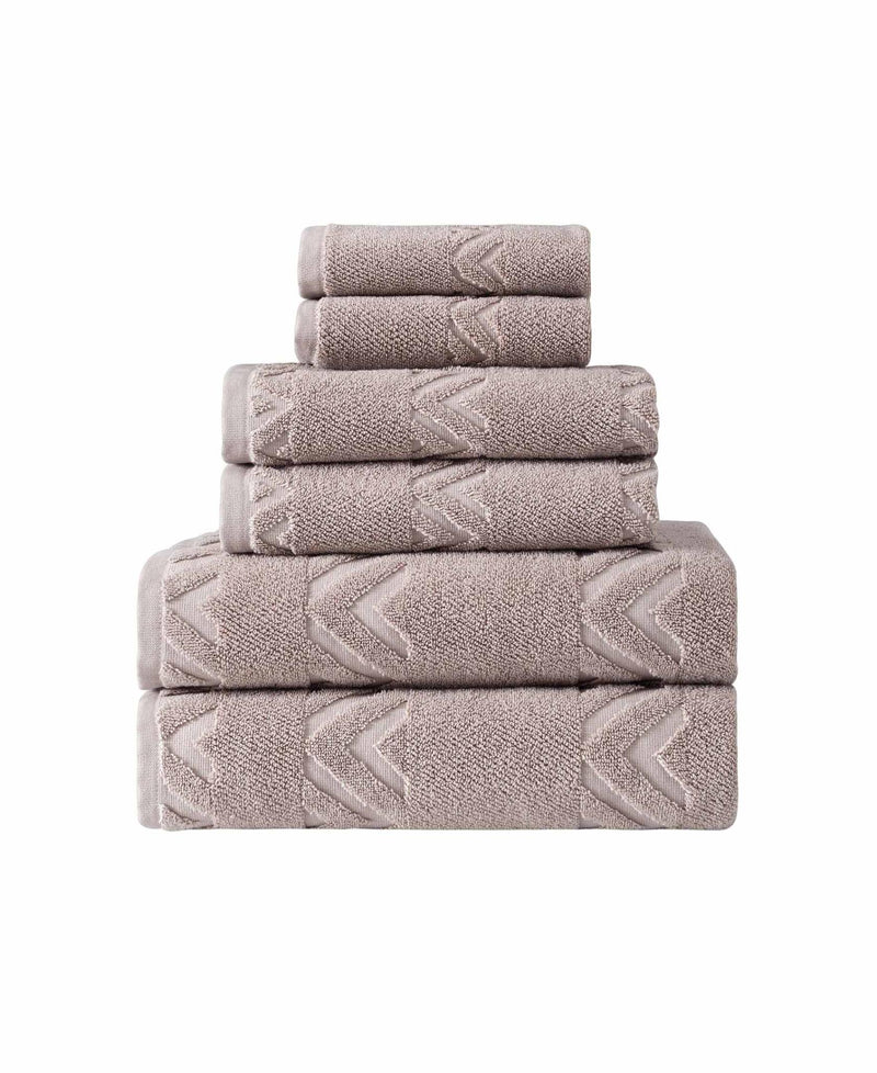 Turkish cotton towel set stack, taupe with embossed geometric chevrons
