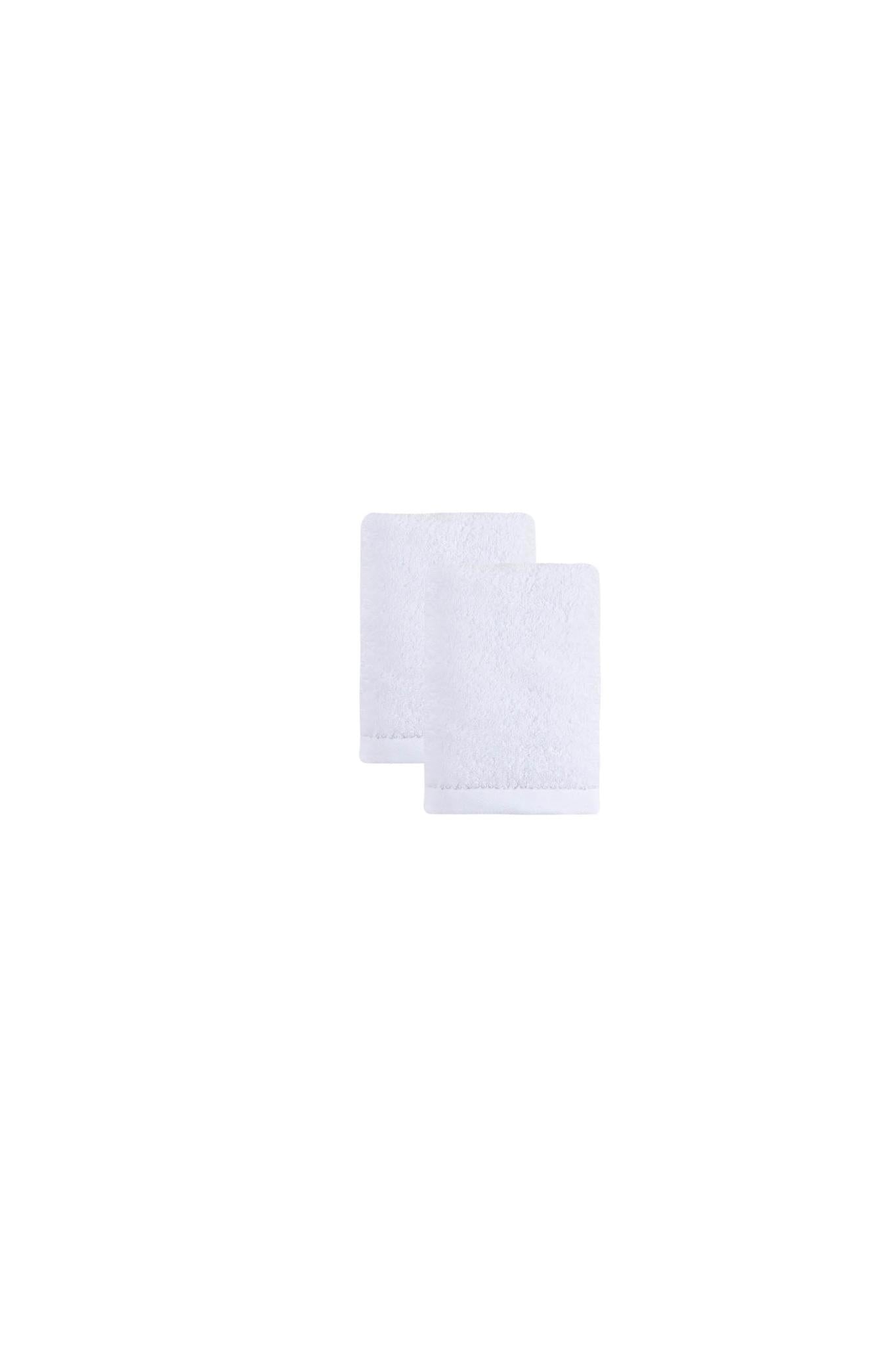 Set of two white Turkish cotton hand towels, 16x30 in, stacked squares with texture