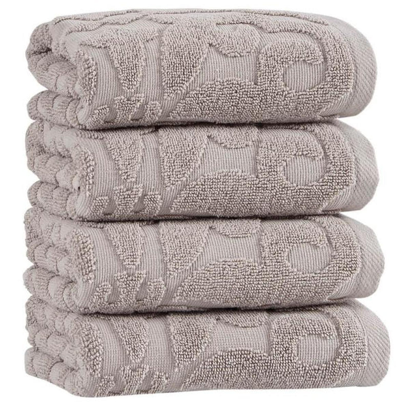 Set of four hand towels, light gray floral terry weave, close-up folded edges