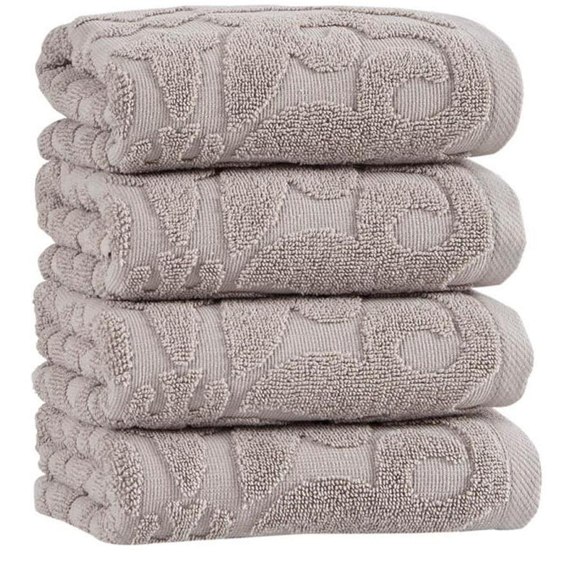 Set of four hand towels, light gray floral jacquard, front view of folded stack