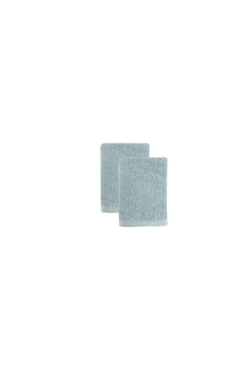 Set of two light blue hand towels, neatly folded with textured looped fabric.