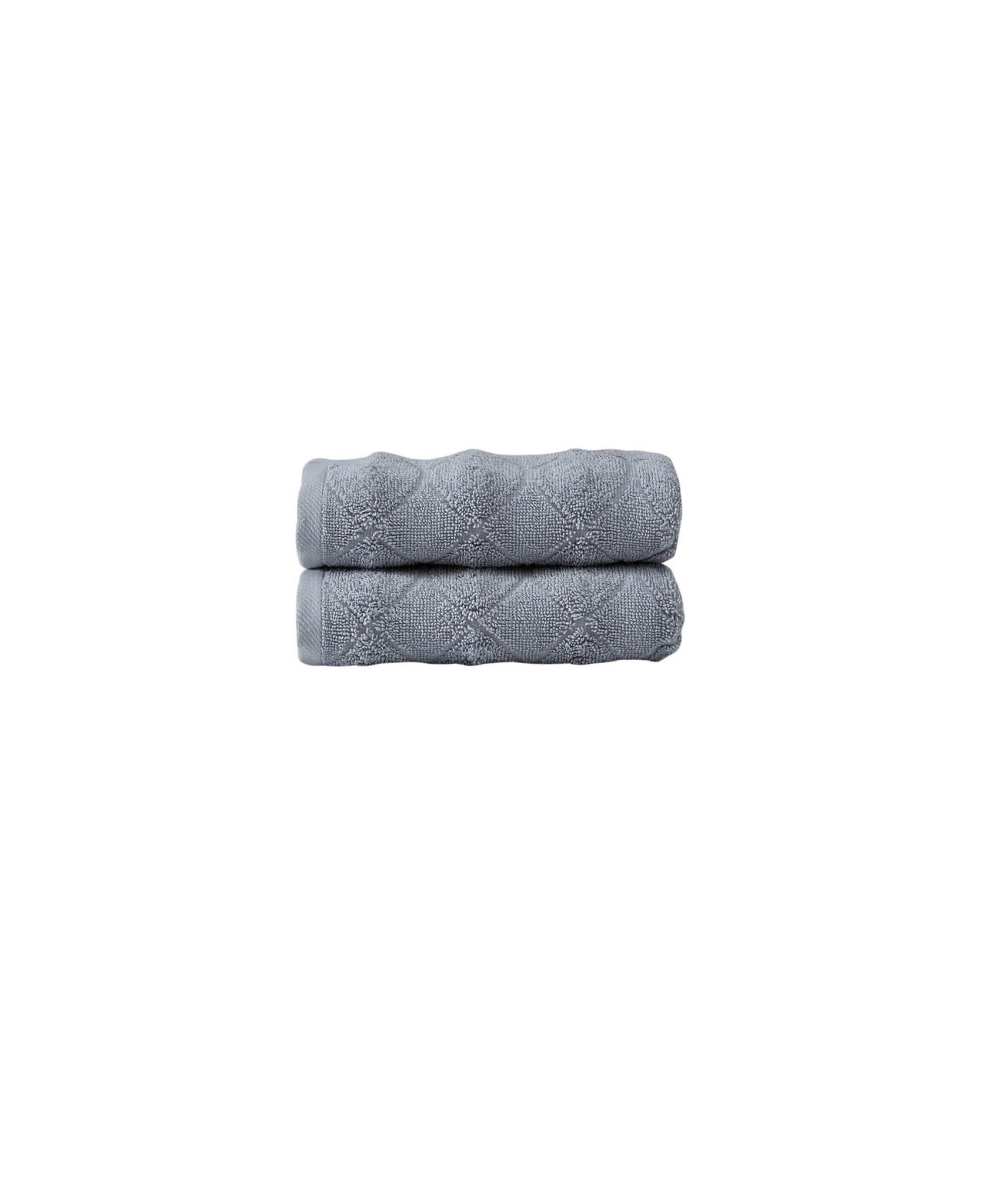 Set of two light gray Turkish hand towels, geometric diamond texture, folded stack