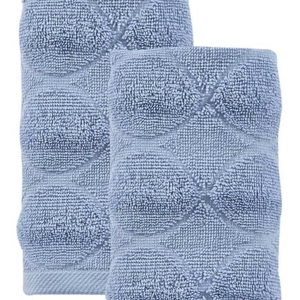 Blue geometric Turkish cotton hand towel set, two folded towels with embossed pattern