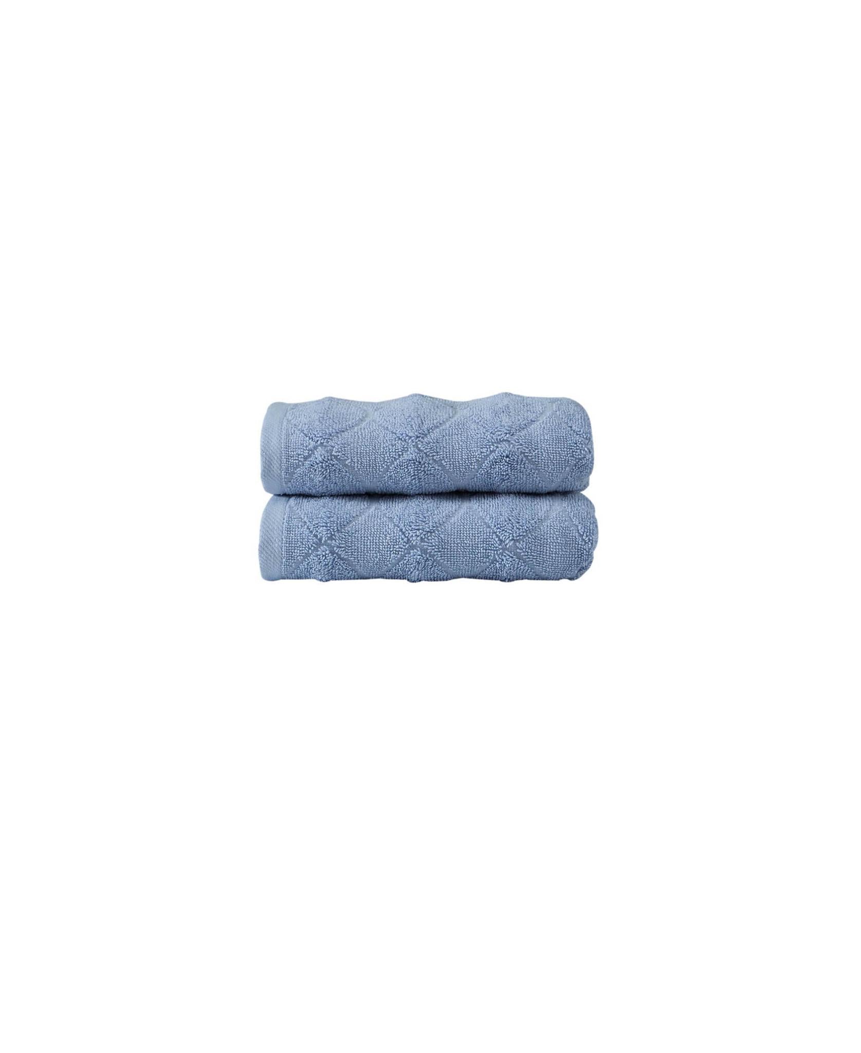 Blue geometric Turkish cotton hand towel set, two folded towels stacked