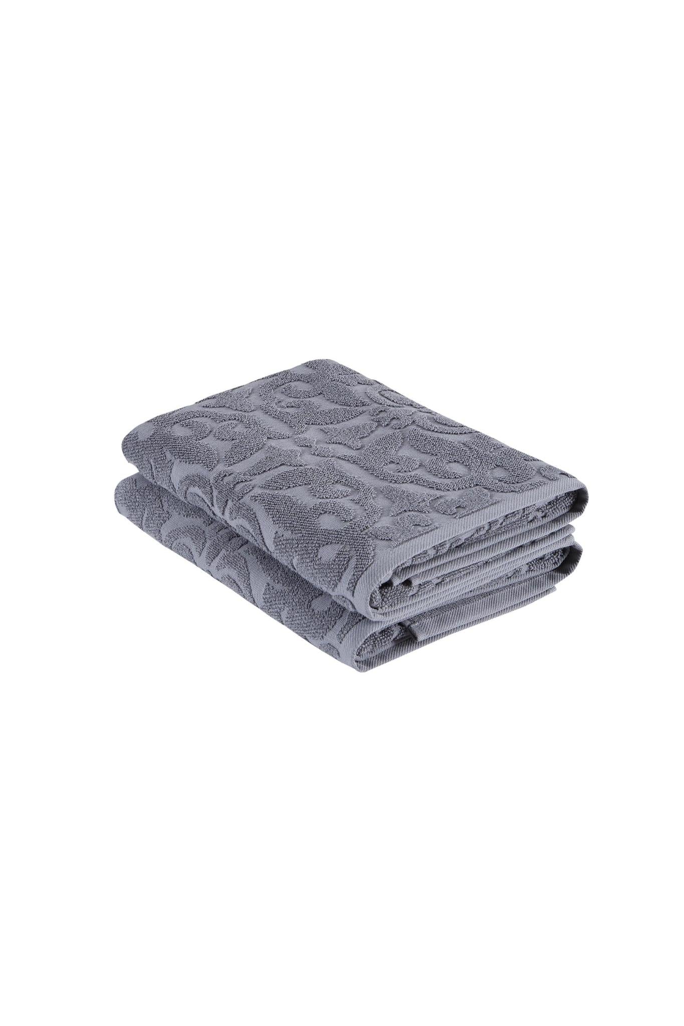 Set of bath towels, dark gray Turkish cotton with floral jacquard, folded (27 x 54 in)
