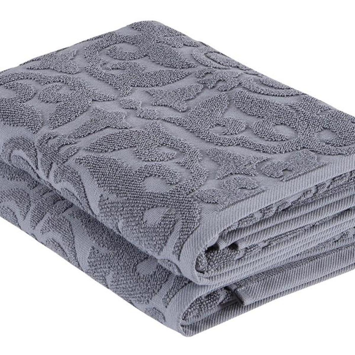 Dark gray Turkish cotton bath towel with floral jacquard pattern, folded corner and edge
