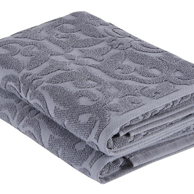 Dark gray Turkish cotton bath towel with floral jacquard pattern, folded corner and edge