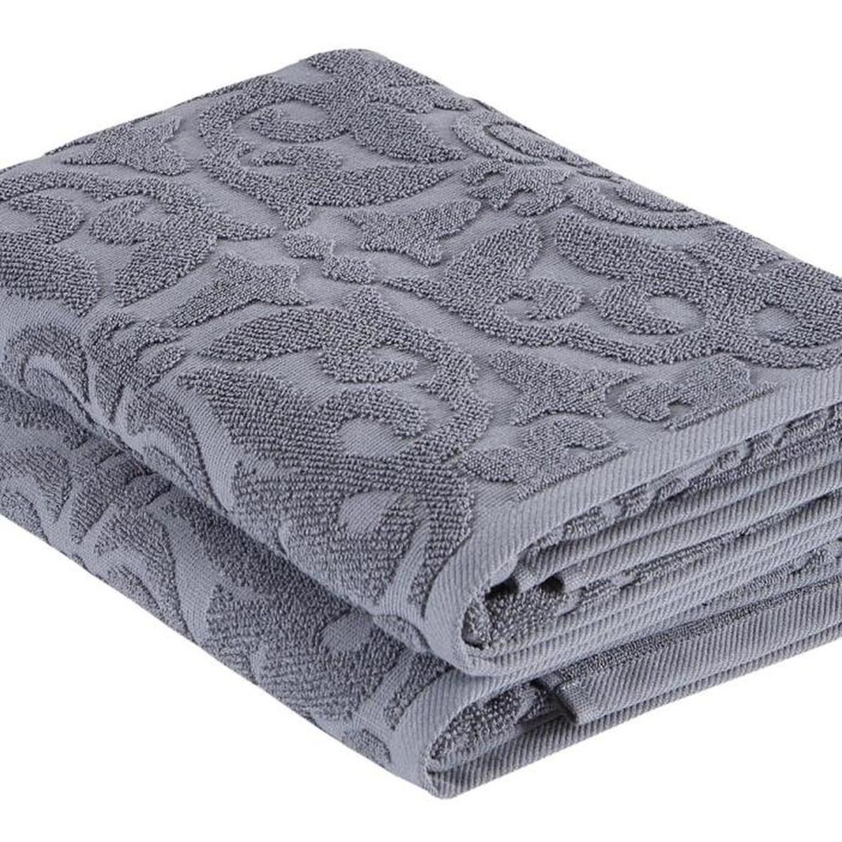 Dark gray Turkish cotton bath towel with raised floral jacquard texture, rolled edge detail