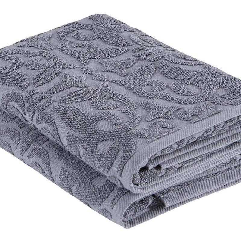 Dark gray Turkish cotton bath towel with raised floral jacquard texture, rolled edge detail