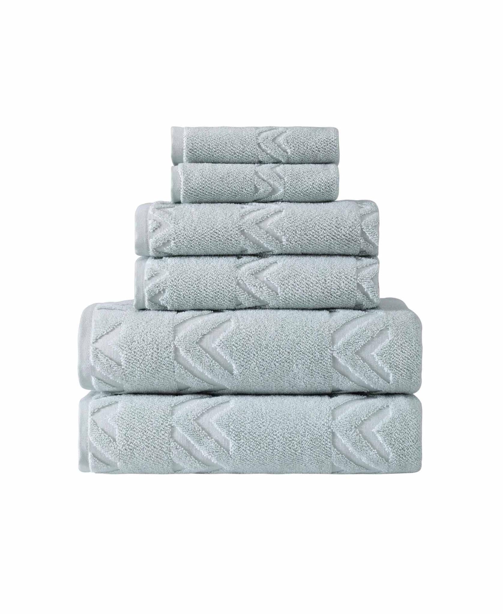 Aqua towel set in folded square stack, textured chevron geometric pattern