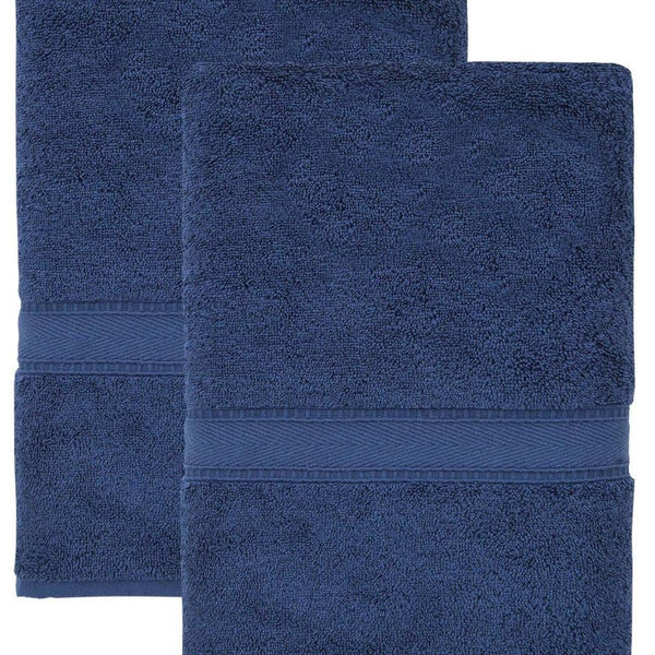 Set of two navy Turkish cotton bath towels, terry texture, stitched border