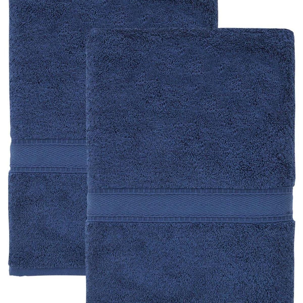 Set of two navy Turkish cotton bath towels, folded, terry weave, stitched hem