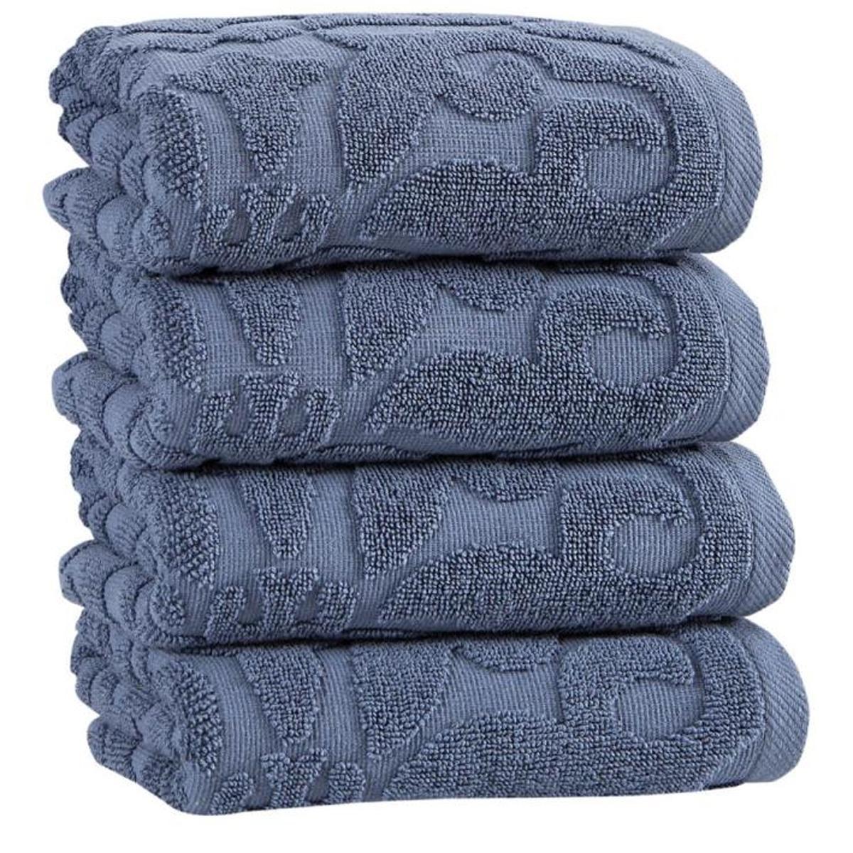 Set of four blue Turkish cotton hand towels, tonal floral pattern, 16x30 in