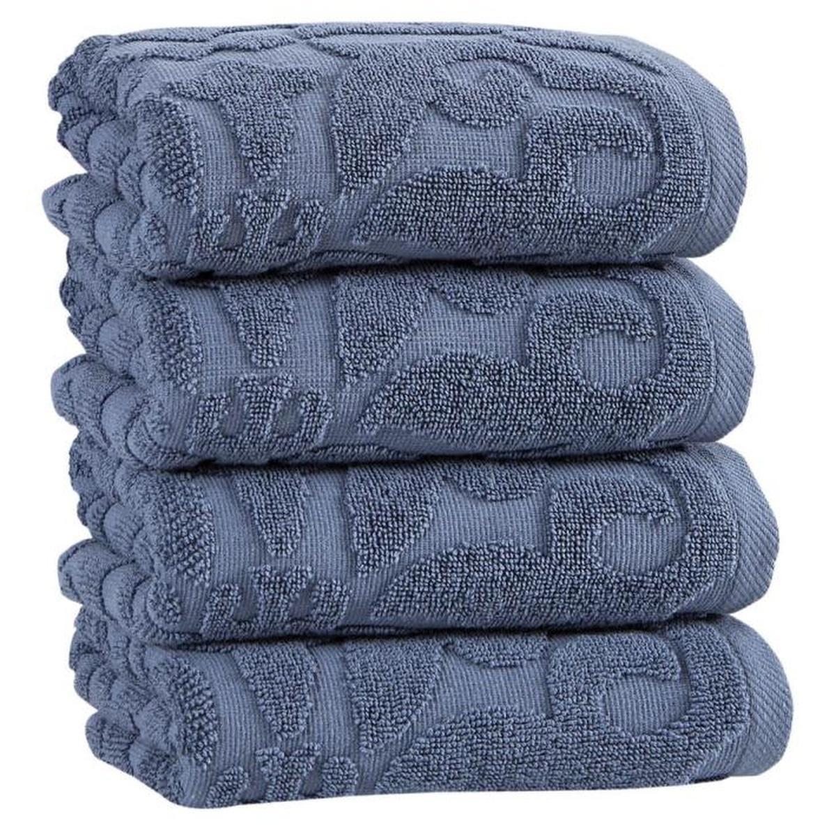 Stacked blue Turkish cotton hand towels with tonal floral pattern, 16x30 in