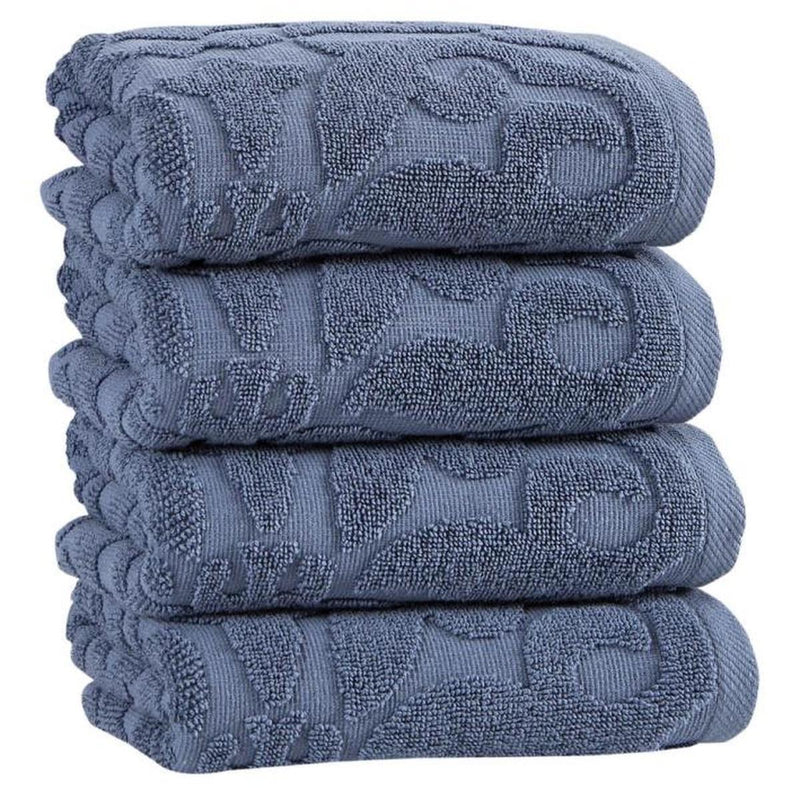 Stacked blue Turkish cotton hand towels with tonal floral pattern, 16x30 in