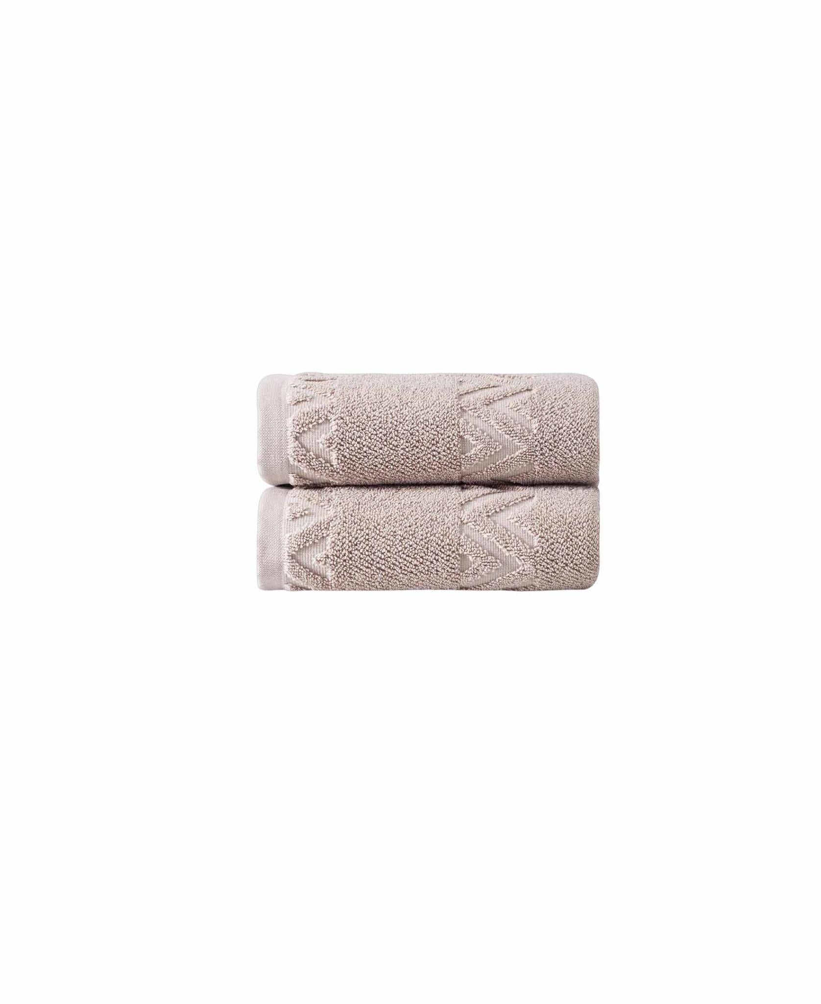 Set of two Turkish cotton hand towels, taupe with raised geometric zigzag pattern