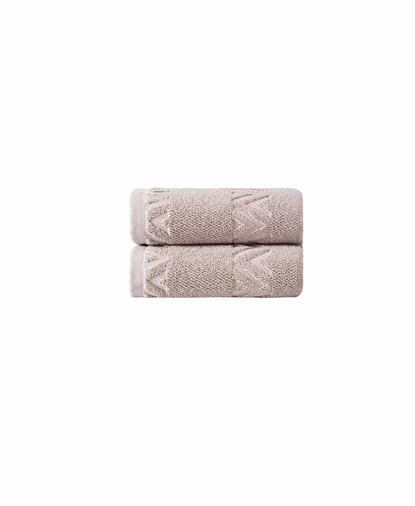 Set of two Turkish cotton hand towels, taupe with raised geometric zigzag pattern