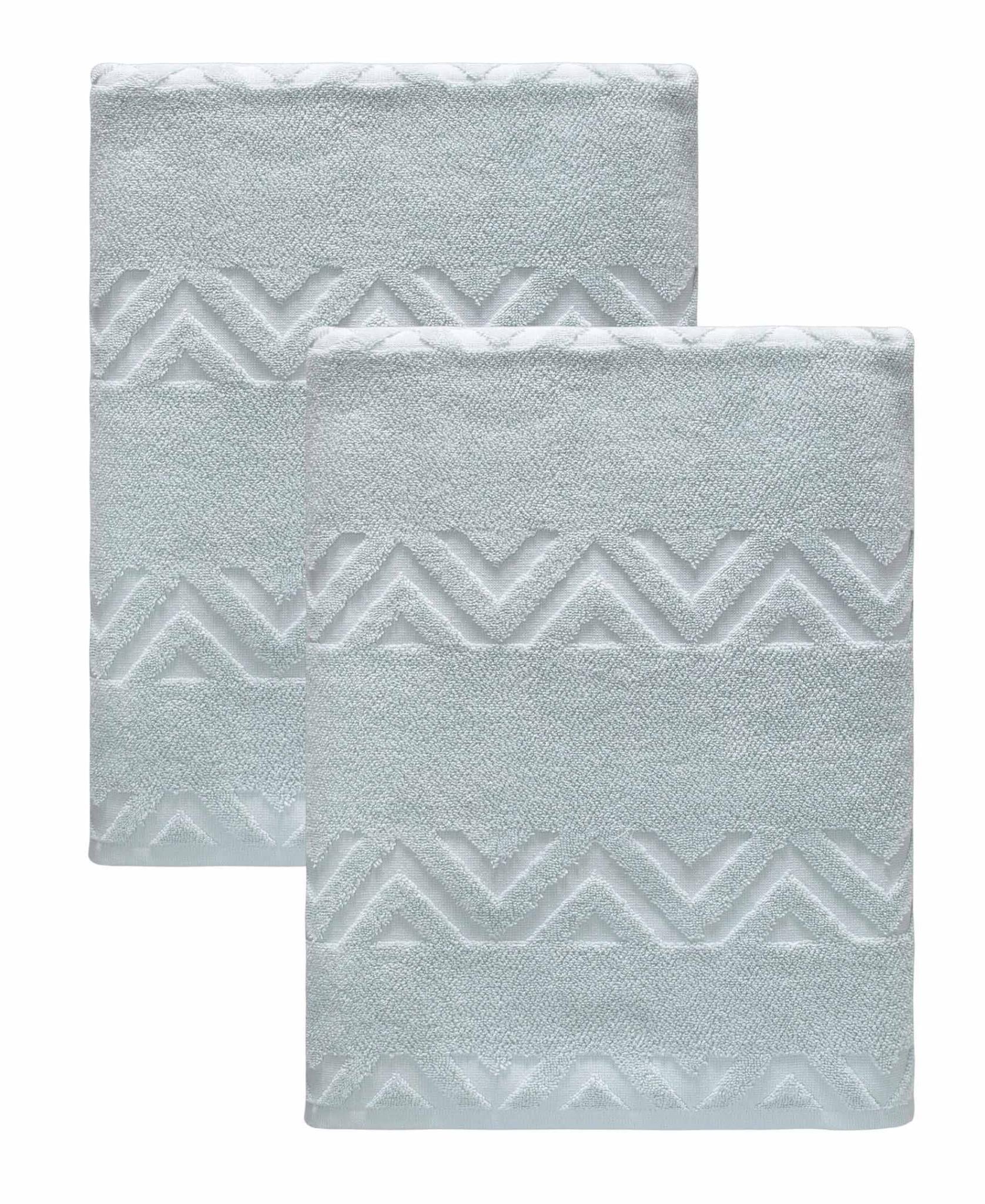 Set of two aqua bath sheets, folded, with embossed chevron geometric pattern