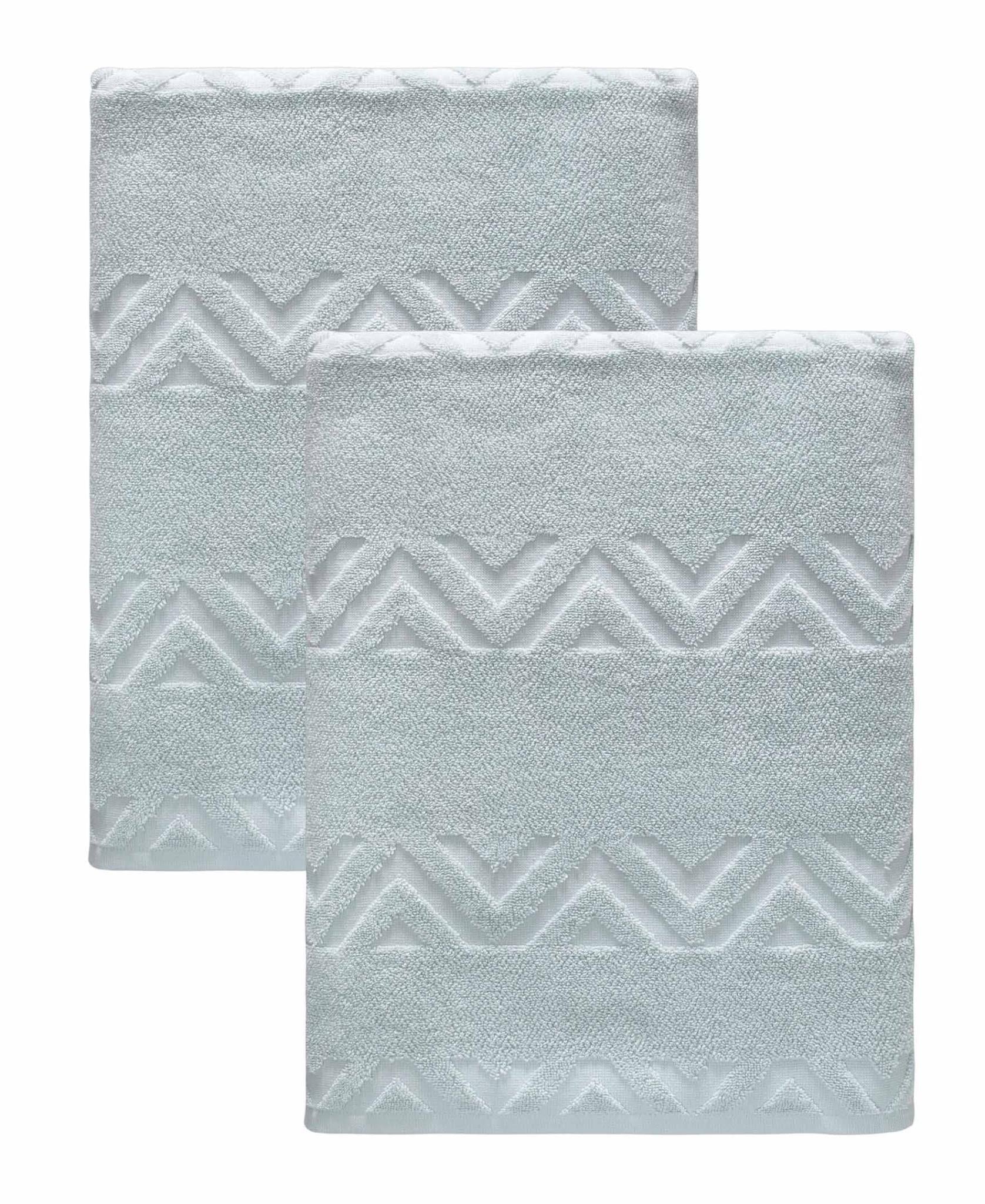 Set of two aqua bath towels with white chevron pattern, folded side-by-side