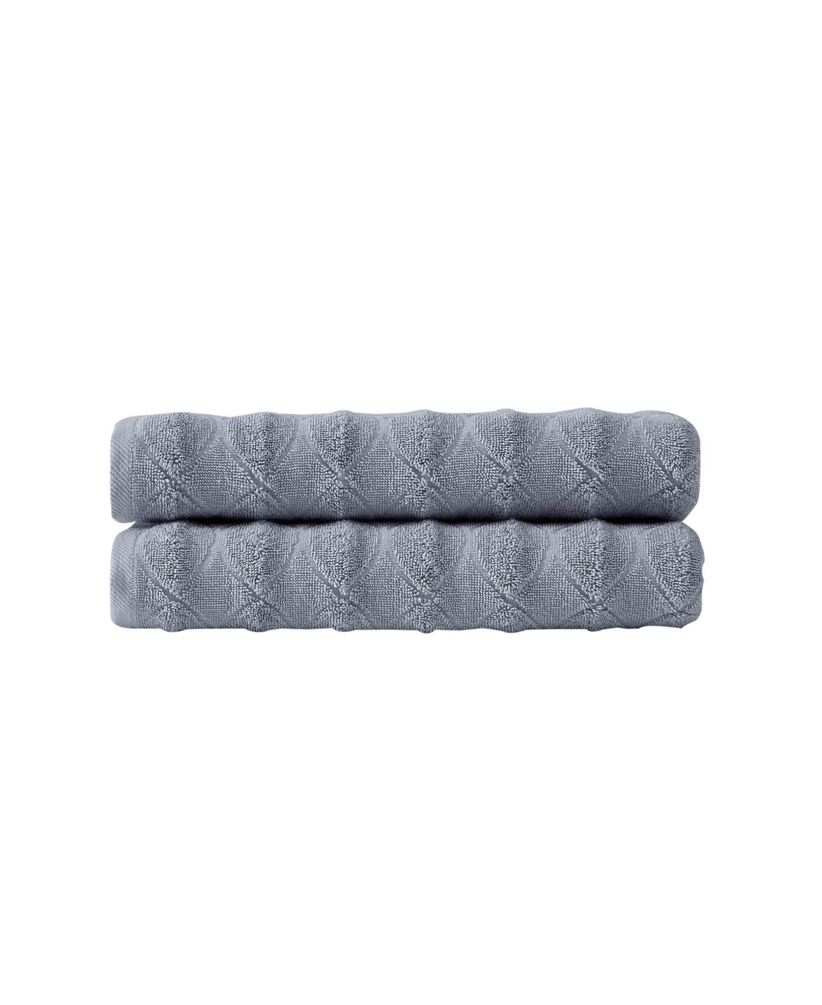 Light gray bath towel set of two, folded stack, diamond geometric pattern