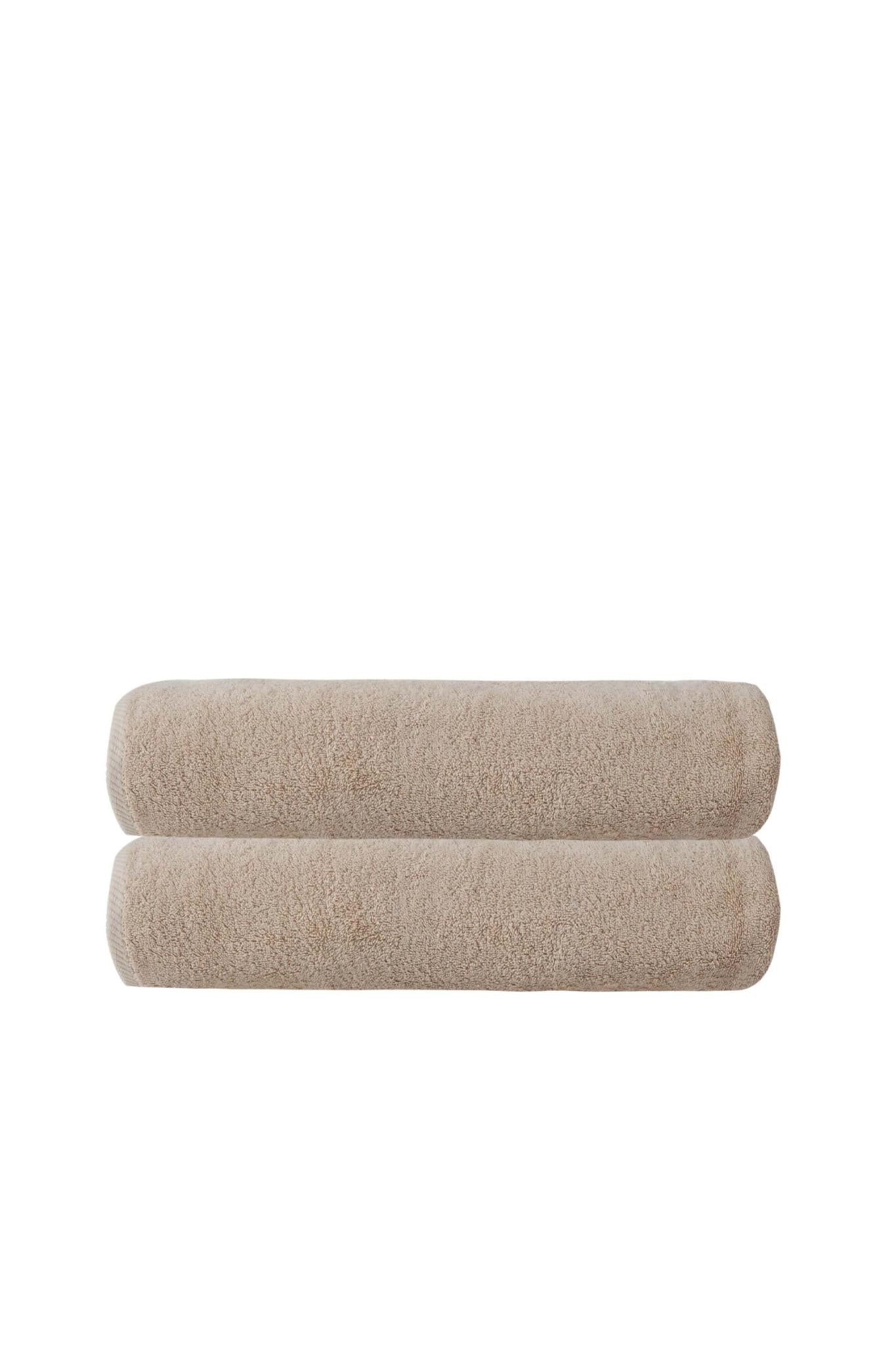 Beige Turkish cotton bath towels, set of two, neatly folded, 40 x 70 in