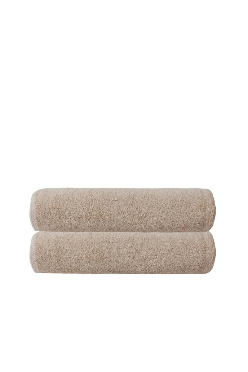 Beige Turkish cotton bath towels, set of two, neatly folded, 40 x 70 in