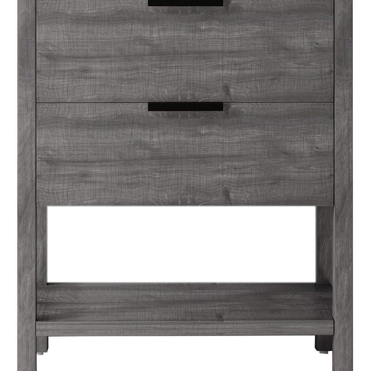 Gray wood vanity drawer front with black handle and open cabinet shelf