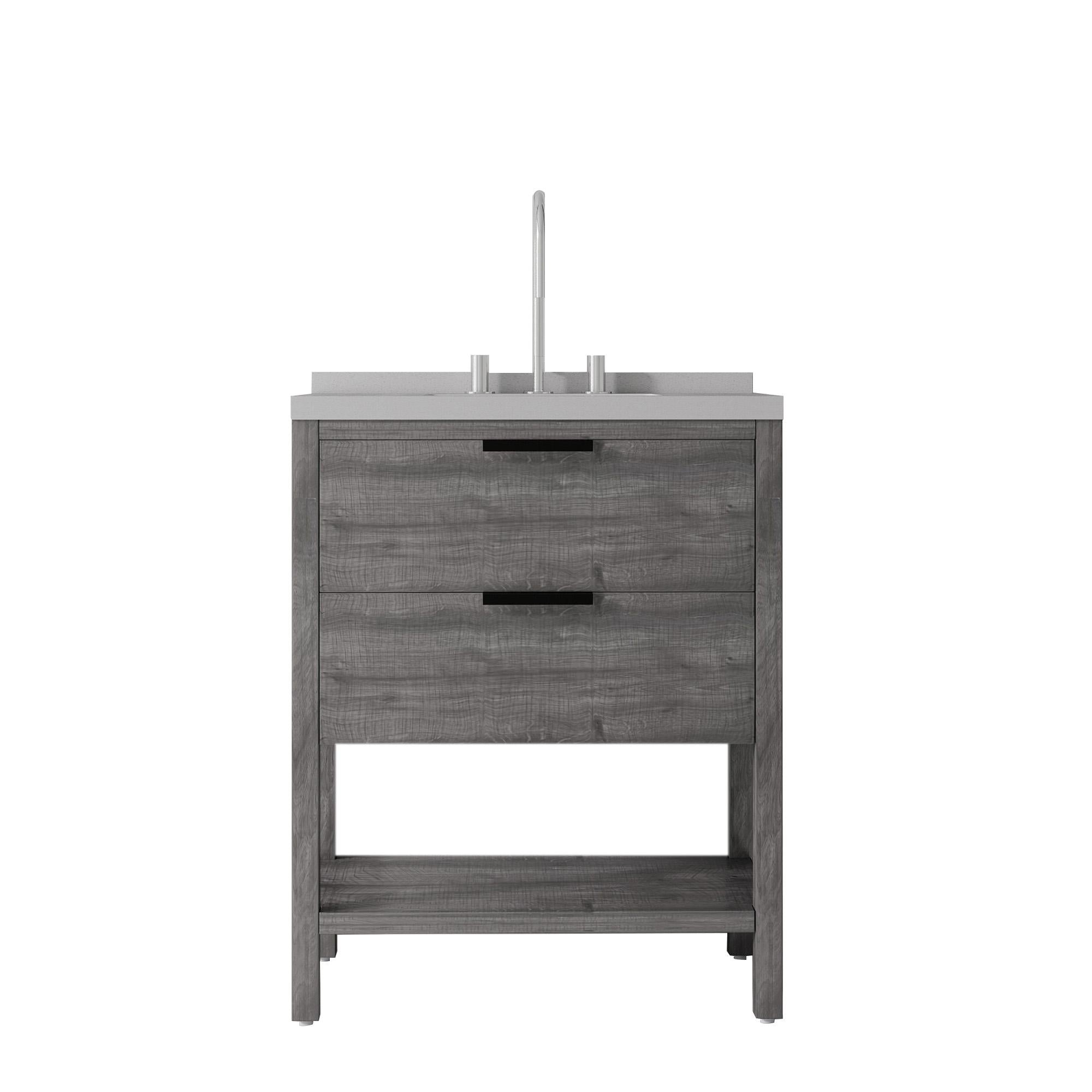 Gray freestanding bathroom vanity with white sink, two drawers, and open lower shelf