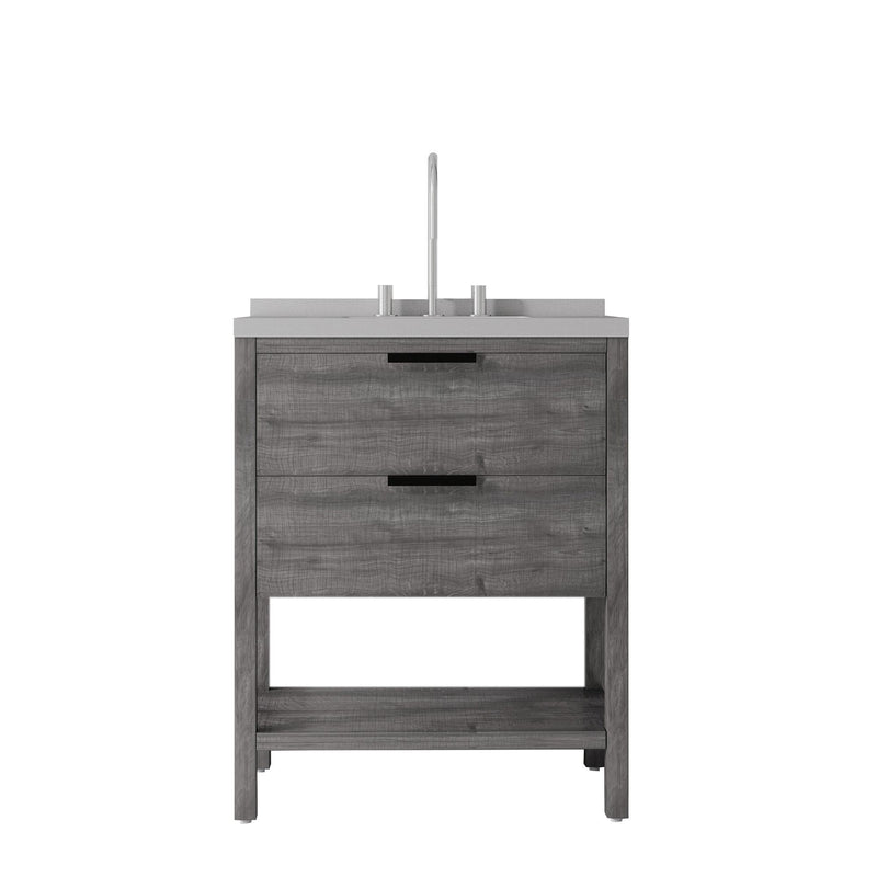 Gray freestanding bathroom vanity with white sink, two drawers, and open lower shelf