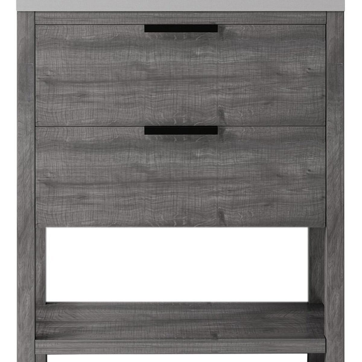 Gray wood vanity with two drawer fronts, black pulls, and open lower shelf
