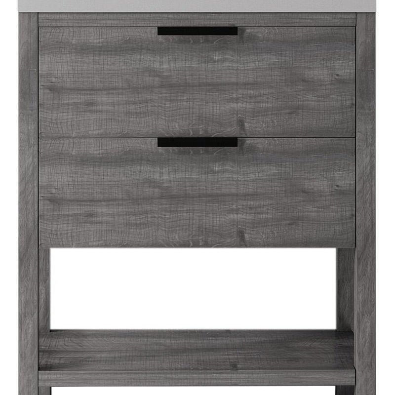 Gray wood vanity with two drawer fronts, black pulls, and open lower shelf