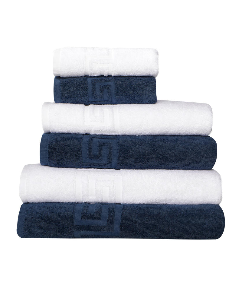 Set of Turkish cotton towels in white and navy with Greek key borders