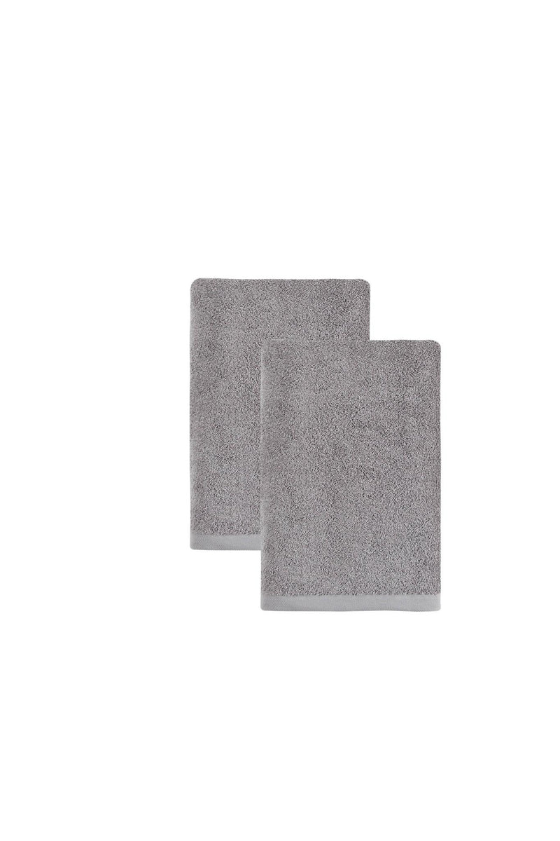 Set of two light gray Turkish cotton bath towels, stacked rectangular towels