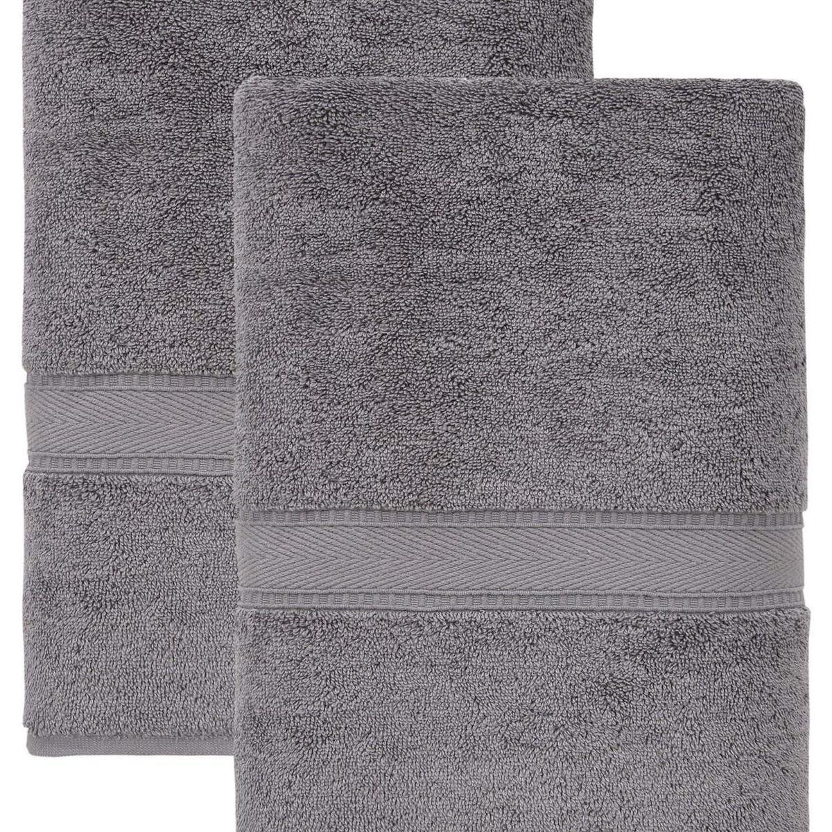 Set of two dark gray bath towels stacked, textured Turkish cotton with border stripe
