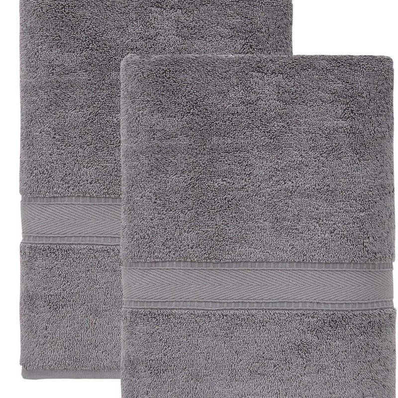 Set of two dark gray bath towels stacked, textured terry with border stripe