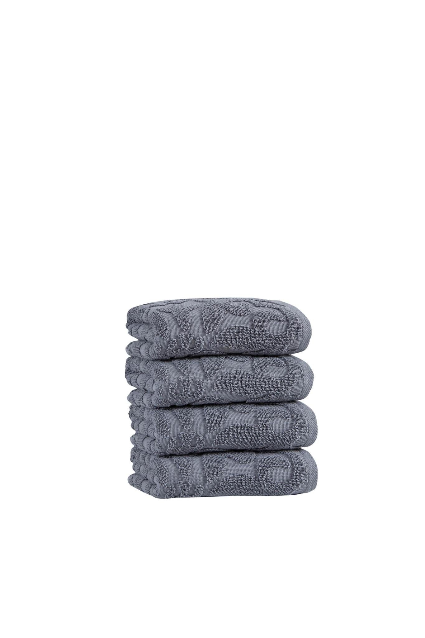 Gray floral Turkish cotton hand towel set, folded stack, 16 x 30 in
