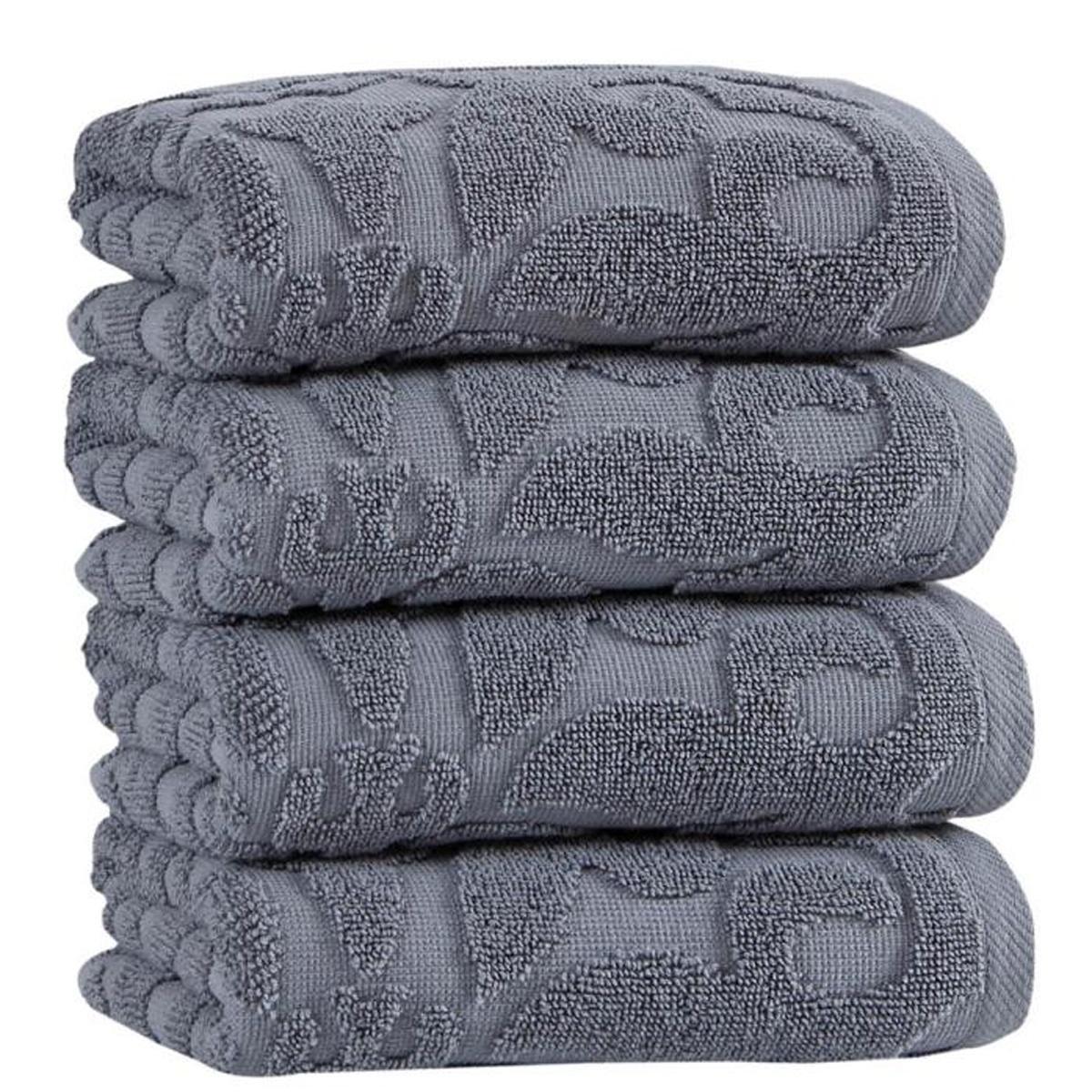 Gray floral Turkish cotton hand towels, neatly folded stack with pattern