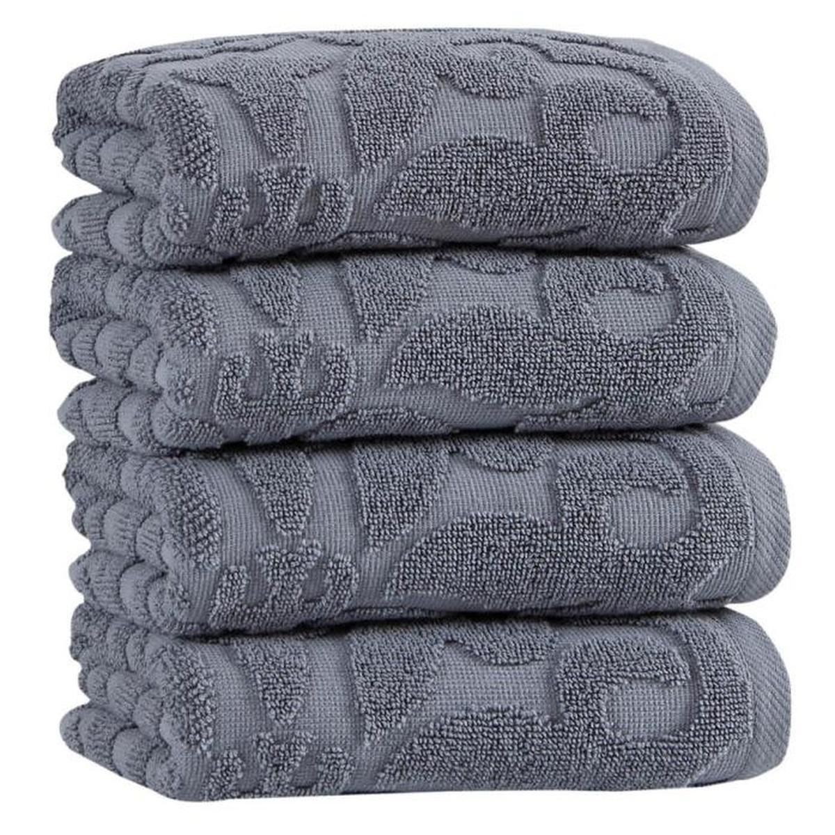 Gray floral Turkish cotton hand towel set, close-up folded stack