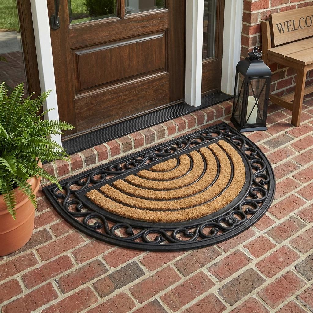 18" X 30" Beige and Black Rubber and Coir Outdoor Semi Circle Door Mat - Home & Garden