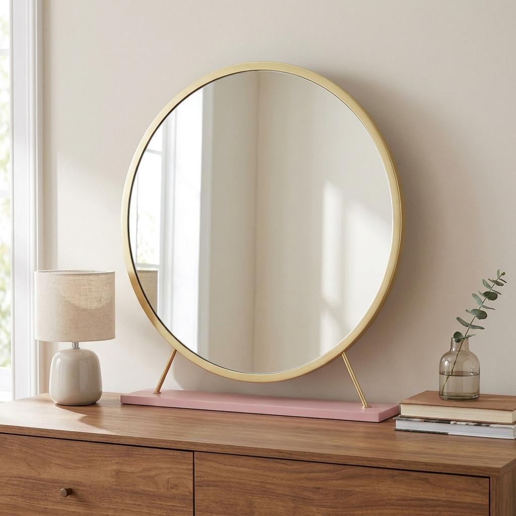 19" Brass Metal Round Freestanding Ornate Framed Makeup Shaving Tabletop Mirror - Bed & Bath