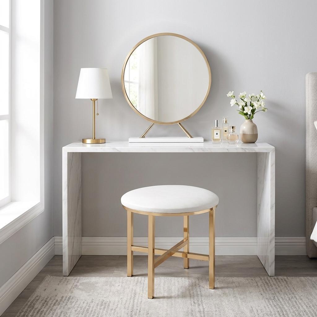 Set of Two Gold Metal And Faux Leather Round Freestanding Makeup Mirror And Stool - Bed & Bath