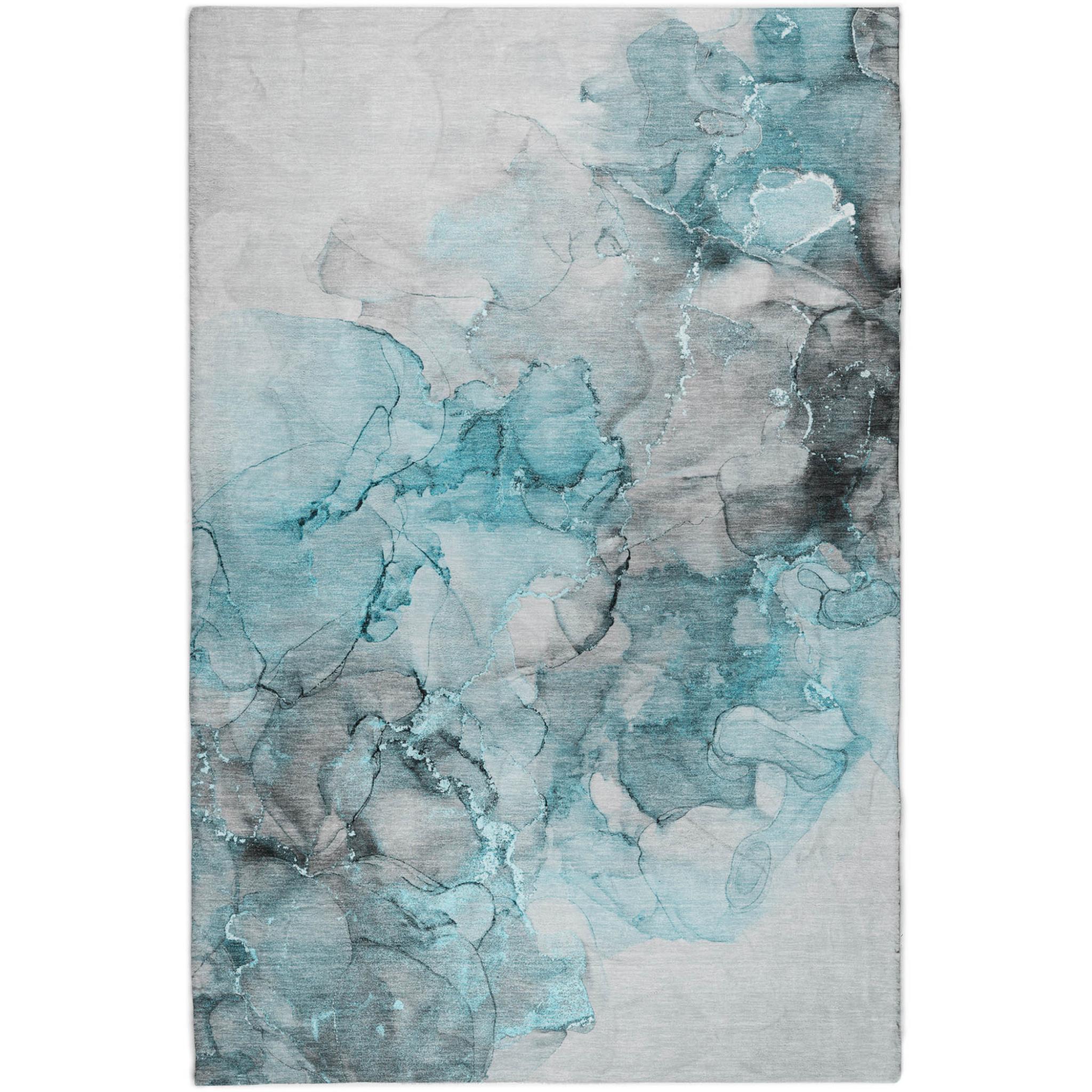 5' X 8' Teal And Gray Abstract Shag Washable Area Rug With UV Protection - Home & Garden
