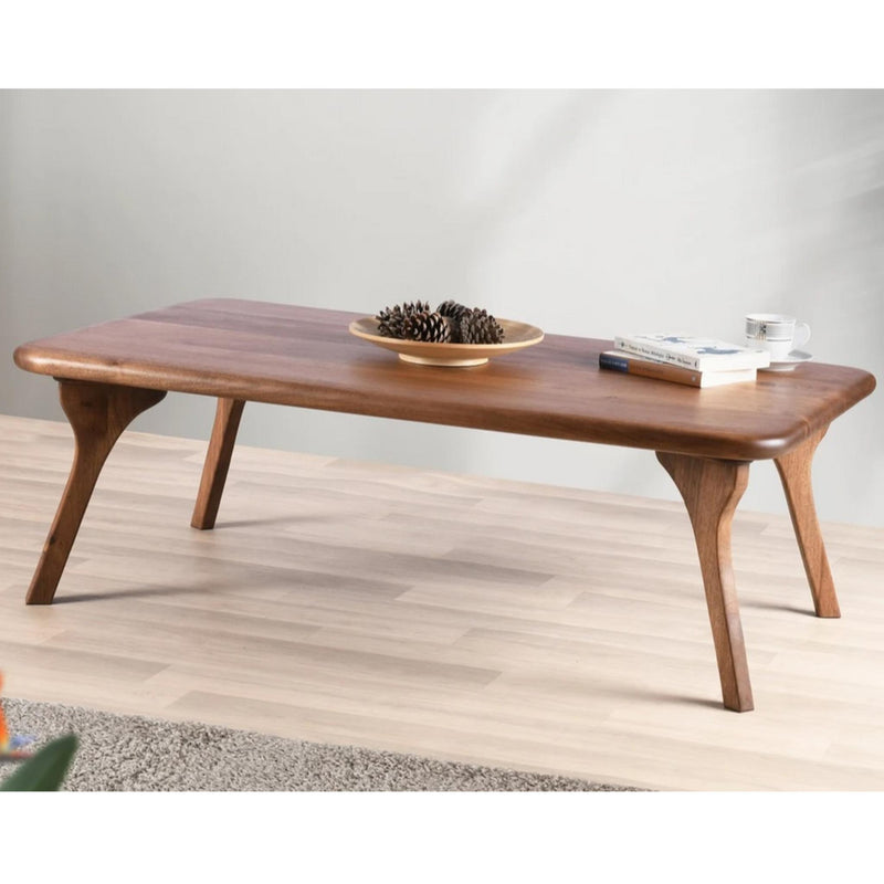 Walnut solid wood coffee table, rectangular top with curved corners and tapered legs