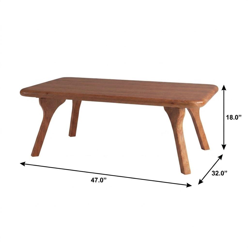Walnut solid wood coffee table dimensions view: 47 in wide, 18 in high
