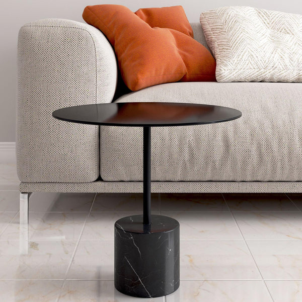 Black round pedestal coffee table with faux marble base and matte tabletop