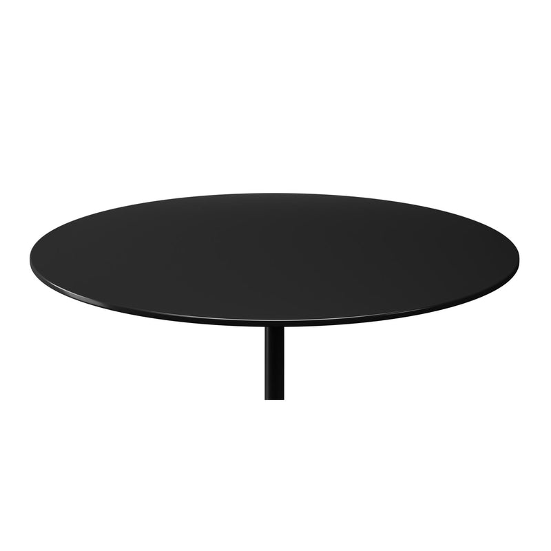 Round black tabletop with slim center pedestal stand