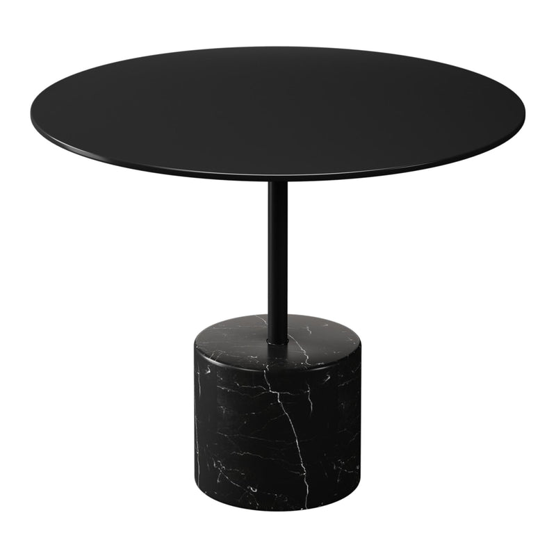 Black round coffee table with faux marble pedestal and central column