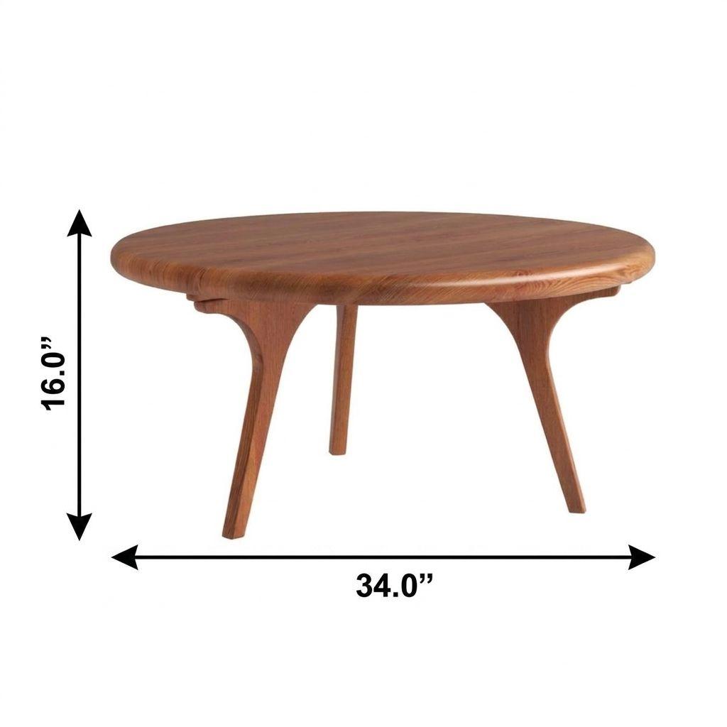 Walnut round coffee table with tapered wooden legs, 34 in wide