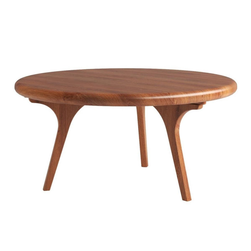 Walnut round coffee table with smooth round top and slim tapered legs