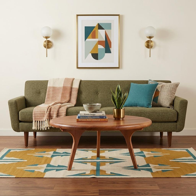 Walnut round coffee table with rounded edge and four tapered legs